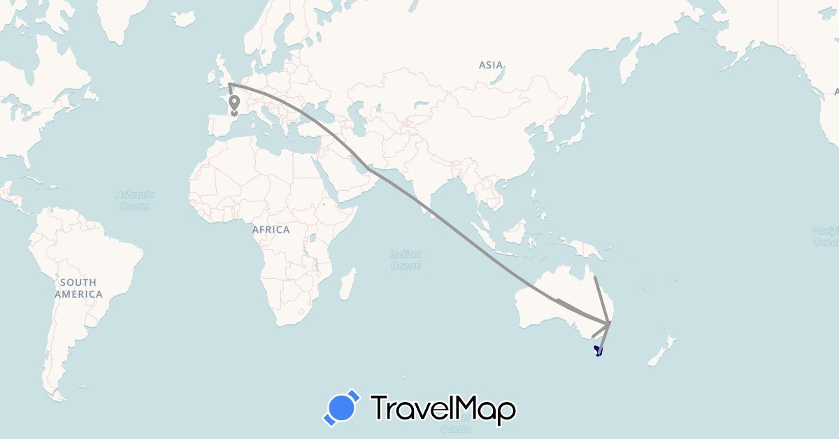 TravelMap itinerary: driving, bus, plane, train, boat in United Arab Emirates, Australia, France, United Kingdom (Asia, Europe, Oceania)